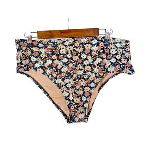 Kona Sol Swimsuit Bikini Bottoms Size Large Black Floral Ditzy Daisy Beachy